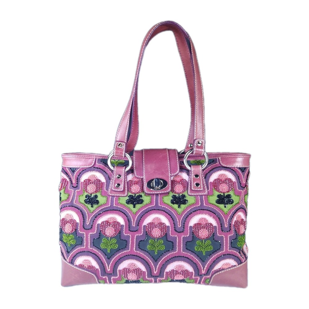 Isabella Fiore Y2K Tulip Beaded Floral Handbag Canvas Leather Shoulder Bag
